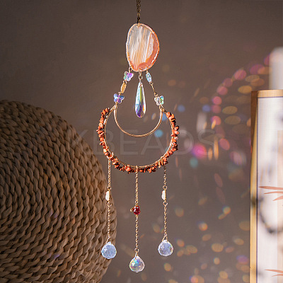 Moon Metal & Natural Red Jasper Chip Pendant Decorations AJEW-Q143-08-1