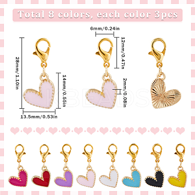 24Pcs 8 Colors Heart Alloy Enamel Pendant Locking Stitch Markers HJEW-SC00035-1