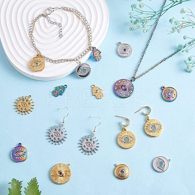 16Pcs 8 Style Eye Theme 304 Stainless Steel Rhinestone Pendants STAS-SZ0002-85MC-1