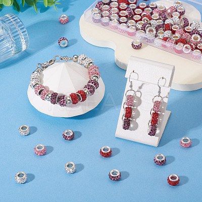 100Pcs 4 Colors Polymer Clay Rhinestone European Large Hole Beads with Silver Color Plated Brass Cores FPDL-TA0001-02-1