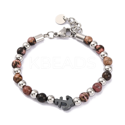 Natural Rhodochrosite & Synthetic Magnetic Hematite Anchor Beaded Bracelet BJEW-P339-01P-03-1