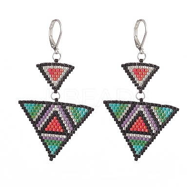 Glass Seed Beaded Triangle Dangle Leverback Earrings EJEW-MZ00044-1