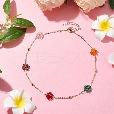 Glass Daisy Flower Beaded Necklace NJEW-JN04741-1