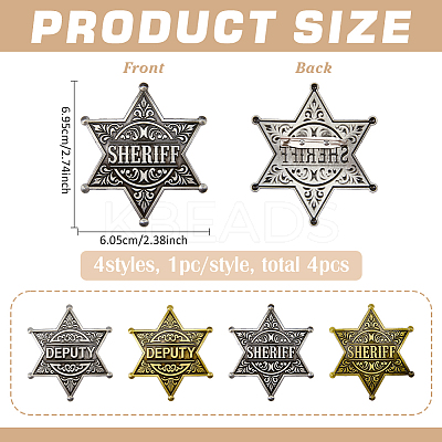 4Pcs 4 Styles Vintage SHERIFF DEPUTY Alloy Star Brooches JEWB-FG0001-80-1