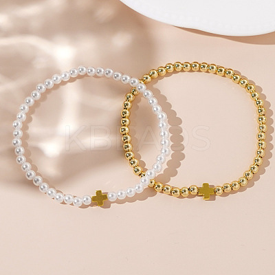 2Pcs Minimalist Imitation Pearl & Brass Cross Beaded Stretch Bracelet Sets QX2906-1-1