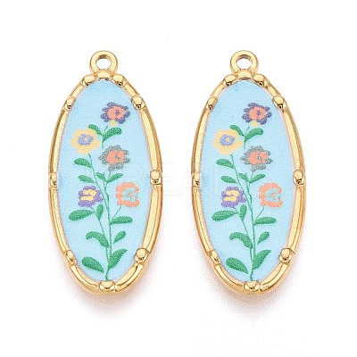 Printed Style 304 Stainless Steel Oval with Flower Pattern Pendants STAS-T071-27B-G-1