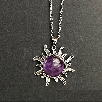 Natural Amethyst Sun Pendant Alloy Chain Vintage Necklaces WB3716-7-1
