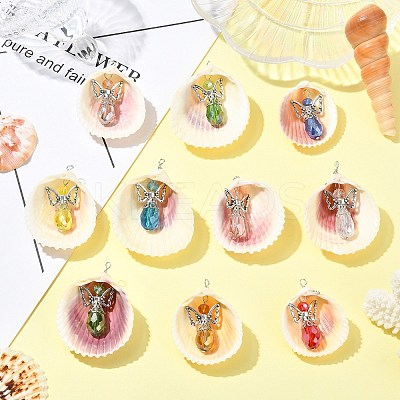 10Pcs 10 Colors Shell & Alloy Glass Angel Big Pendants PALLOY-CJ00051-1