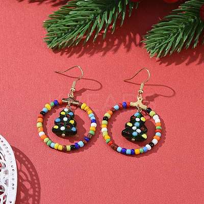 Glass Seed Beaded Ring with Lampwork Christmas Tree Dangle Earrings EJEW-TA00231-1
