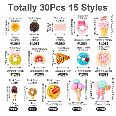 30Pcs 15 Styles Opaque Resin Imitation Food Decoden Cabochons RESI-TA0003-70-1