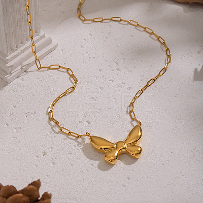 304 Stainless Steel Bowknot Pendant Paperclip Chain Necklaces for Women WQ2768-1