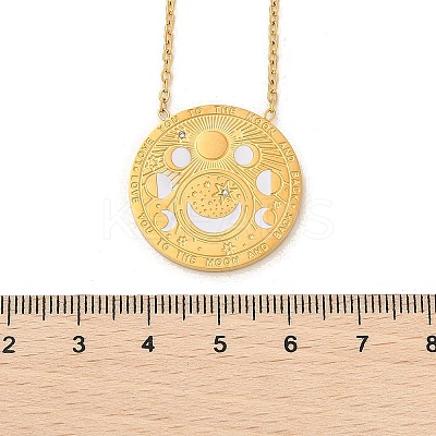 304 Stainless Steel Clear Cubic Zirconia Moon Phase Flat Round Pendant Necklaces LS-NJEW-R018-03G-1