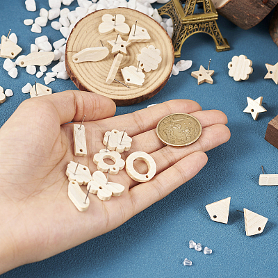 36Pcs 9 Styles Rectangle & Flower & Butterfly & Star Ash Wood Stud Earring Findings EJEW-TA0001-19-1