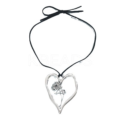 Birth Flower Heart Zinc Alloy Pendant Black Faux Suede Cord Necklaces for Women FS-WGA5BEC-11-1