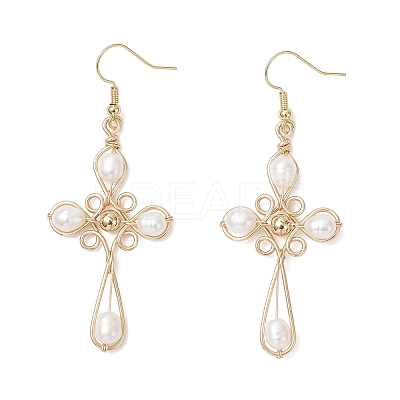 Natural Cultured Freshwater Pearl Cross Dangle Earrings EJEW-TA00723-1