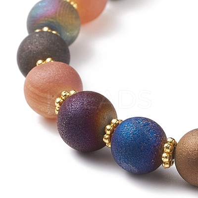 Natural Agate Round Beaded Stretch Bracelet with Brass Star Charm BJEW-JB08647-1