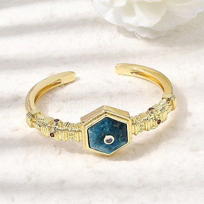 Hexagon Brass Pave Natural Apatite & Cubic Zirconia Cuff Bangles for Women BJEW-Z172-01G-06-1
