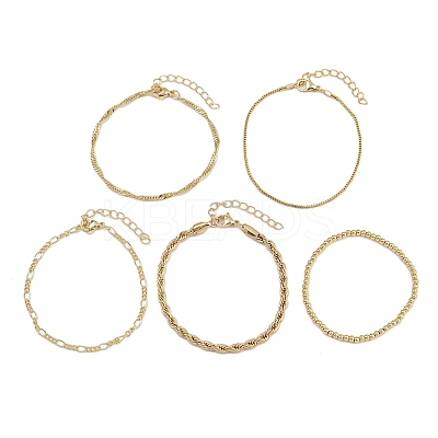 5Pcs 5 Styles Brass Chain Bracelets & Stretch Bracelets Set for Women BJEW-D357-03G-1