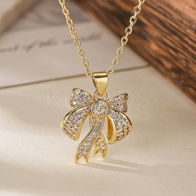 Brass Micro Pave Clear Cubic Zirconia Cable Chain Bowknot Pendant Necklaces for Women NJEW-C054-02B-G-1