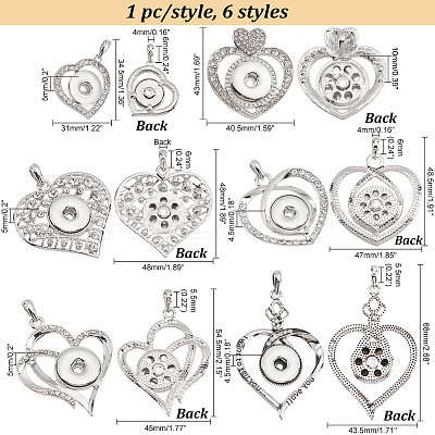 6Pcs 6 Style Heart Alloy Rhinestone Hang Snap Base Big Pendants ALRI-PH0001-29-1
