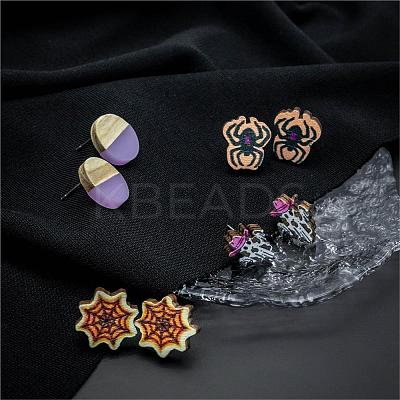 Halloween Spider Ghost Spider Web Wood Stud Earring Sets EJEW-OY002-02-1