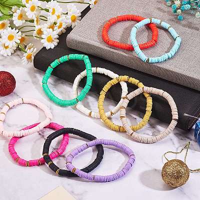 10Pcs 10 Colors Polymer Clay Heishi Beaded Stretch Bracelets BJEW-PH01445-1