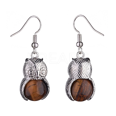 Natural Tiger Eye Owl Dangle Earrings EJEW-A092-08P-12-1