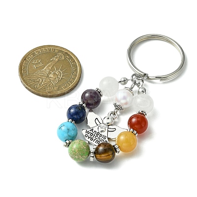 7 Chakra Gemstone Bead Pendant Keychain with Tibetan Style Alloy Charm KEYC-JKC00539-02-1