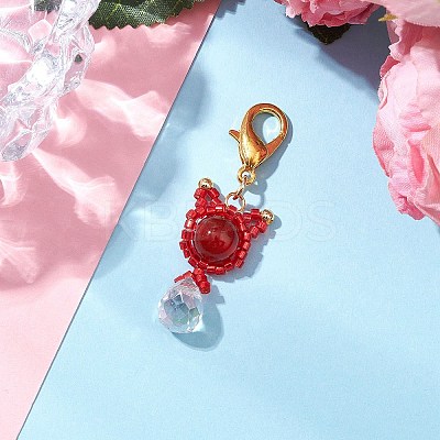 Natural Carnelian & Glass Seed Beaded Cat Pendant Decoration HJEW-MZ00157-07-1