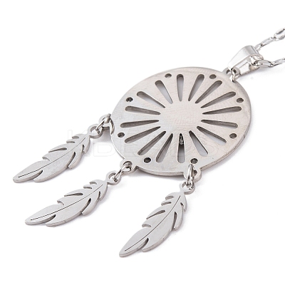 Non-Tarnish Woven Net/Web with Feather 201 Stainless Steel Boho Pendant Necklaces for Women NJEW-G087-05P-1