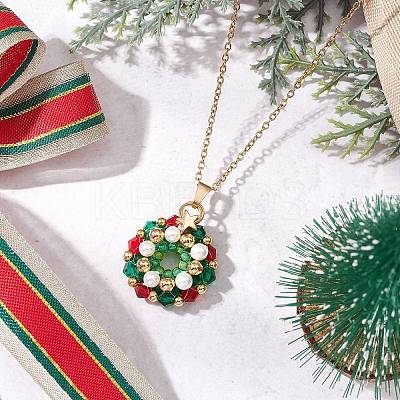 Glass Seed Beads & Shell Pearl Beaded Christmas Wreath Pendant 304 Stainless Steel Cable Chain Necklaces NJEW-MZ00121-1