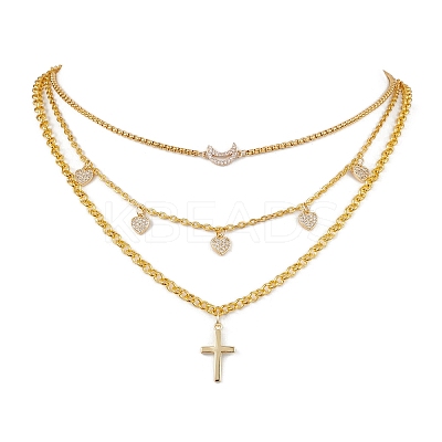 Brass & Stainless Steel Micro Pave Clear Cubic Zirconia Pendant Necklaces NJEW-JN04874-1