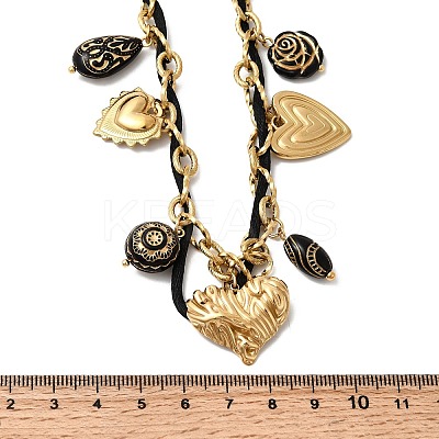 304 Stainless Steel Heart & Acrylic Black Flower Pendant Bib Necklaces for Women NJEW-A063-05G-1