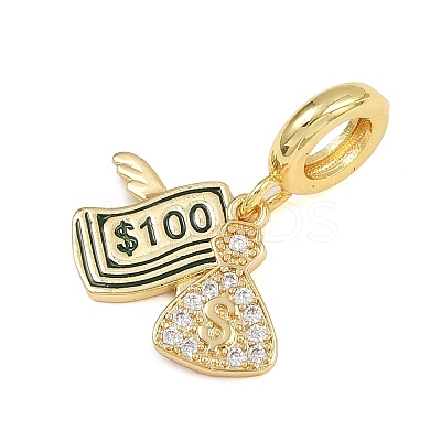 Brass Micro Pave Clear Cubic Zirconia 100 Dollars European Dangle Charms KK-I352-17G-1