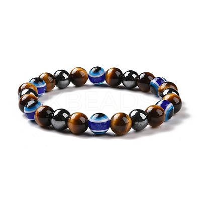 4Pcs Natural Gemstone and Evil Eye Resin Beads Stretch Bracelets Set for Women Men BJEW-JB08940-1