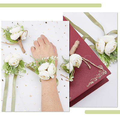 4Pcs 2 Style Silk Cloth Rose Flower Boutonniere Brooch & Wrist Corsage AJEW-HY0001-32-1