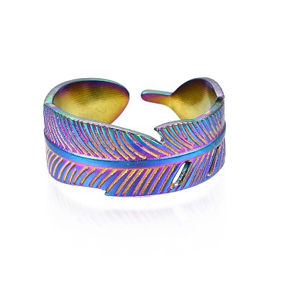 304 Stainless Steel Feather Wrapped Cuff Ring RJEW-N038-061-1