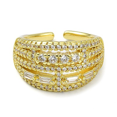 Brass with Cubic Zirconia Open Cuff Ring RJEW-B051-09G-1