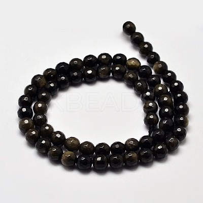 Faceted Round Natural Golden Sheen Obsidian Beads Strands G-I176-39-6mm-1