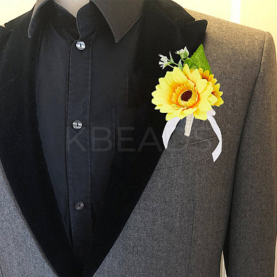 2Pcs Artificial Silk Sunflower Boutonniere Brooch JEWB-CP0001-01-1