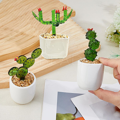 3Pcs 3 Styles Lampwork Cactus Display Decoration DJEW-DC0001-16B-1