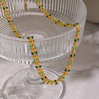 304 Stainless Steel Enamel Green Leaf Link Chain Necklaces for Women OR8327-1