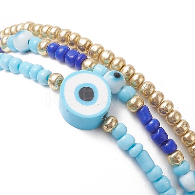 3Pcs 3 Style Evil Eye Polymer Clay & Glass Seed Beaded Stretch Bracelets Set for Women BJEW-JB09228-1