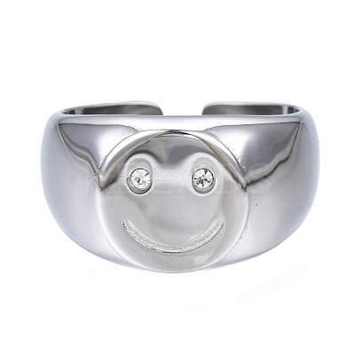 304 Stainless Steel Smiling Face Open Cuff Ring RJEW-T023-90P-1