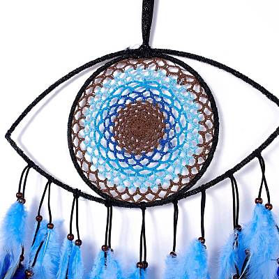 Handmade Evil Eye Woven Net/Web with Feather Wall Hanging Decoration HJEW-K035-07-1
