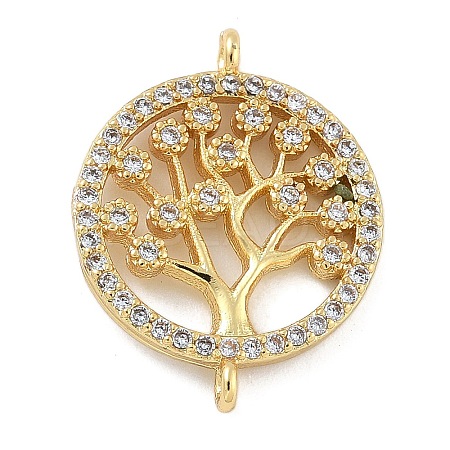 Rack Plating Brass Clear Cubic Zirconia Flat Round with Tree Connector Charms KK-A234-032G-1