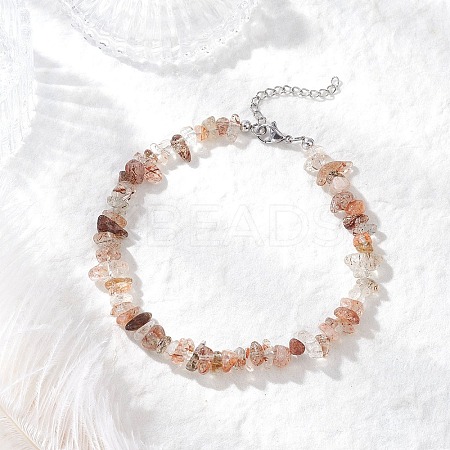 Natural Black Gold Rutilated Quartz Chip Beaded Anklets for Women AJEW-AN00695-1