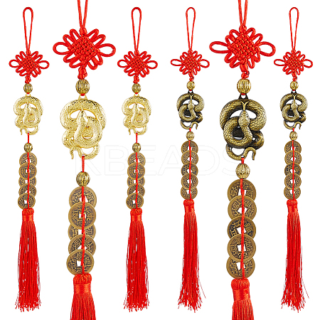 6Pcs 2 Colors Alloy Snake & Coin Pendant Decorations HJEW-DC0001-21-1