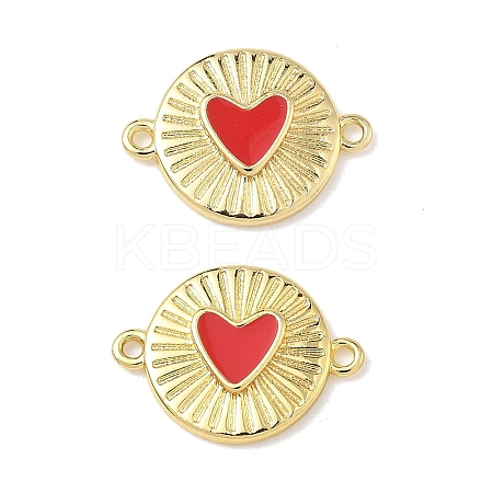 Brass Enamel Flat Round with Heart Links Connector Charms KK-L256-48C-G-1