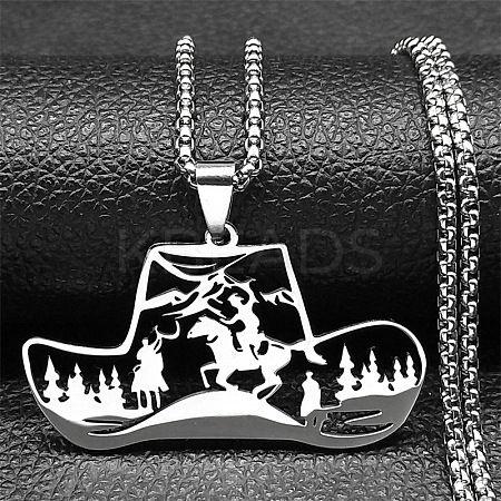 201 Stainless Steel Hollow Cowboy Hat Pendant Necklaces NJEW-H065-27P-1